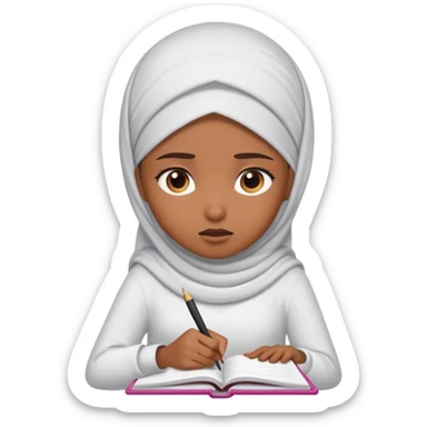 muslim girl writing in notebook, with confusion, emoji question sticker