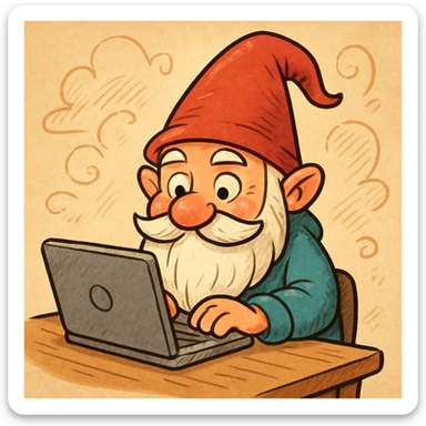 a gnome sitting at a laptop, working diligently, in a whimsical cartoon style sticker