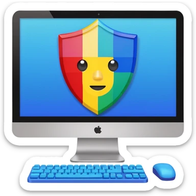 a computer screen with a shield and a child's figurine sticker