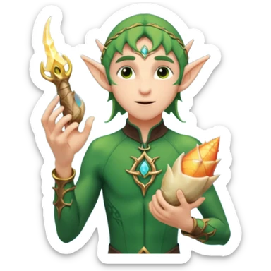 elf male Short wetsuit-style garb, glowing runes on skin, holding a conch horn. sticker
