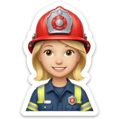 Young blonde girl, firefighter helmet, smiling brightly sticker