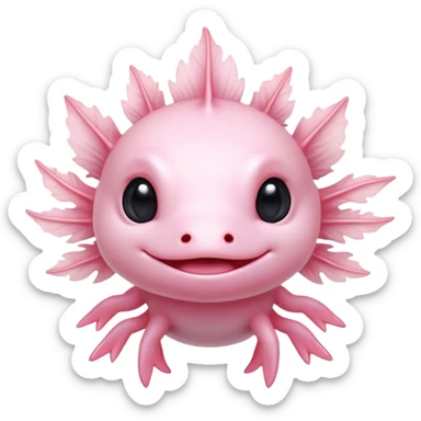 Cinematic Cute Axolotl Portrait Emoji, Head tilted playfully and inquisitively, featuring smooth, pale pink skin with delicate feathery gills and round, sparkling dark eyes filled with curiosity, Simplified yet irresistibly adorable features, highly detailed, glowing with a warm, magical glow, high shine, affectionate and quirky, stylized with a touch of whimsy, bright and endearing, soft glowing outline, capturing the essence of a mischievous yet charming aquatic friend, so playful it feels like it could swim out of the screen and into your heart! sticker