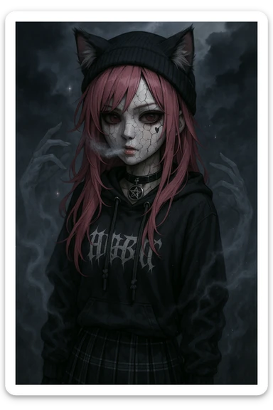 realistic anime catgirl with pink hair, emo streetwear, heart tattoo under left eye, dark magical accessory, sparkles, stormy background, ghostly horror look with cracked porcelain skin, misty breath, and spectral hands sticker
