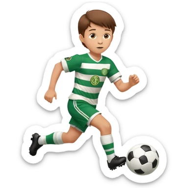 Celtic footballer jersey logo  6 years old brown hair white boy , stripes uniform , RUNNING  with soccer ball # 17 celtic football logo PUT ONLY ONE LOGO sticker