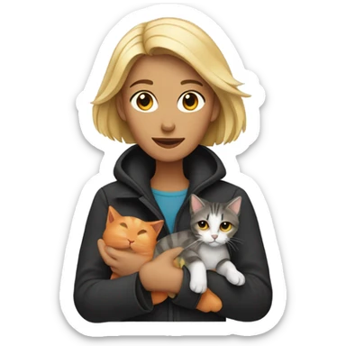 A woman holding a cat with 3 coloured black blond and a bit oreng sticker