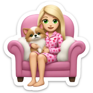 Girl blonder long hair mauve pink plump lips green eyes sitting in cozy chair wearing red and pink heart design on pjs holding a white Pomeranian sticker