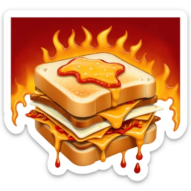 extra spicy sucuk sandwich object icon, crispy toasted bread, lots of spicy sucuk slices, dripping melted cheese, hot chili sauce, red pepper flakes, spicy steam effect, 3D cartoon, mobile game icon style, clean background, no text, no watermark
 sticker