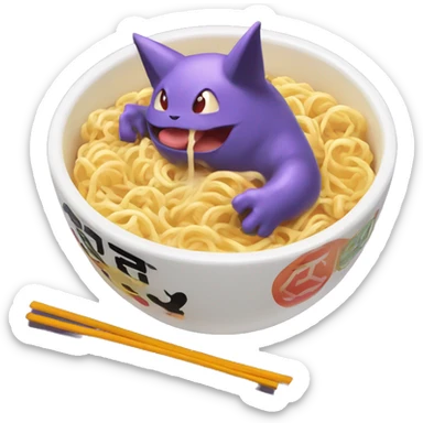 Pokémon character Gengar eating abowl of ramen noodles while floating  sticker