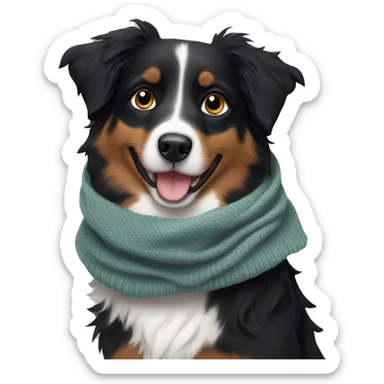 Small black australian shepherd dog wearing a knit scarf sticker