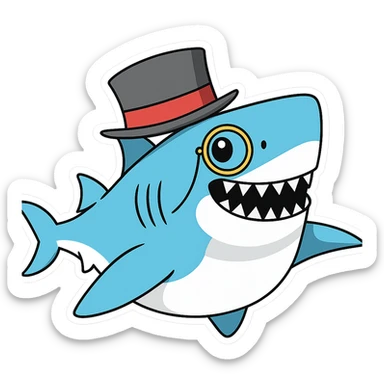 Add a monocle to the shark with a top hat in the style of sticker, no background. sticker