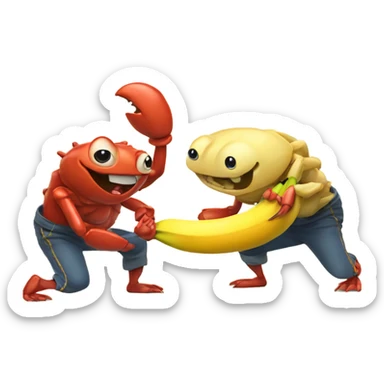Two crabs playing tug-o-war with a banana sticker