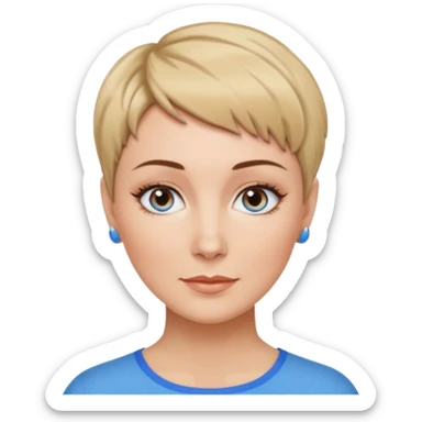 Frau, helle Haut, brauner Pixie schnitt mit blonden Spitzen, blaue Augen, mittleres alter sticker