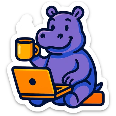 A cartoon hippo sitting at a laptop, drinking coffee, vibrant colors, playful style sticker