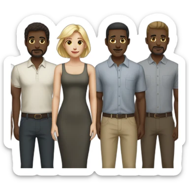 six dark-skinned men stand behind one pale blonde woman sticker