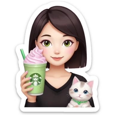 asian girl with short dark brown hair with a soft girl pink glowup aesthetic. matcha latte sparkles girly things, 2 ragdoll cats, skincare, makeup, money, luxury sticker