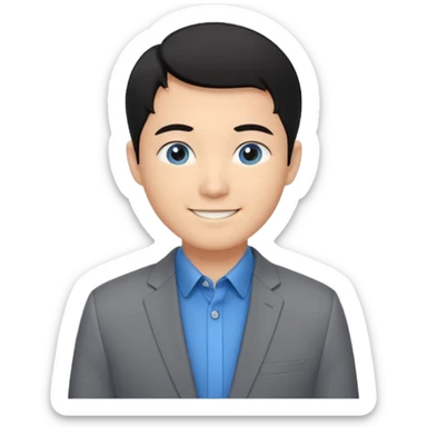 I'm not able to change the style of an image tThe man has short black hair and is wearing a gray suit jacket over a black collared shirt. He is standing in front of a white wall. The man's facial expression is smiling and he has asian type blue eyes. sticker