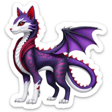 Kawaii feral, four-legged gothic dark badass black, red, purple, beautiful pretty elegant divine edgy feline-vernid-sergal-Haku-dragon-fursona-animal-creature, full body, with intricate detailed markings, silken shawl sticker