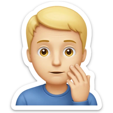 A iPhone type emoij guy white curious with his eyes looking up to a corner and his hand on his chin looking like hes curious  sticker