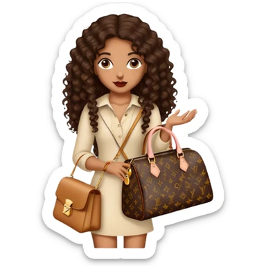 Medium Brown girl with long dark brown long curly hair carrying a Louis Vuitton bag on her arm sticker