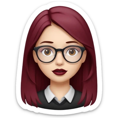 white-skinned girl with long brown hair showing maroon under hair, brown glasses, brown lipstick sticker