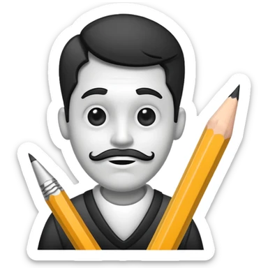 Create an icon representing the process of creating a black-and-white caricature. Include a pencil, a sketchpad with a humorous, exaggerated figure, and inking tools. Use bold lines and shading, with a transparent background. sticker