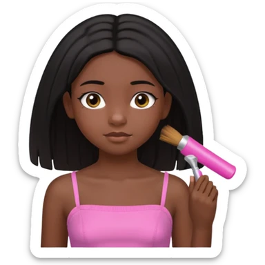 A black 12 yr old girl brushing her shoulder length hair, doe eyes, almond eyes pink tube top and black hair like the 3rd sticker