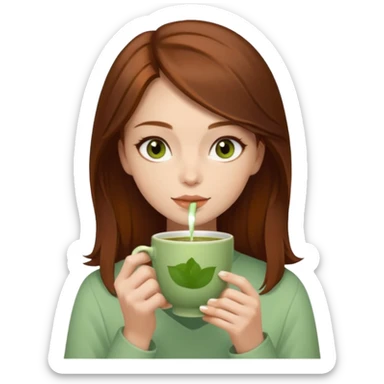 beautiful brunette with a slightly auburn hair color, with dark hazel eyes (let's call her kami), sipping matcha sticker