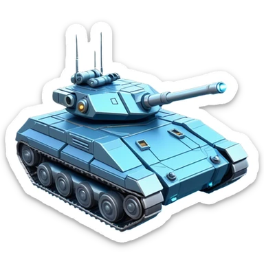 Clash of Clans aesthetic: Cinematic Playful Space Tank Emoji, rendered in a 3D vector-style similar to standard emojis with minimal shading and bold, simplified shapes. A robust, isometric armored vehicle with sleek futuristic plating and energy cannons, softly glowing with a high-tech cosmic combat charm. Simplified yet unmistakably iconic, highly detailed and consistent, glowing with a soft radiant shine and high gloss. Stylized with a touch of intergalactic warfare and a soft glowing outline, capturing the essence of a futuristic battle machine with a friendly, playful spirit! sticker