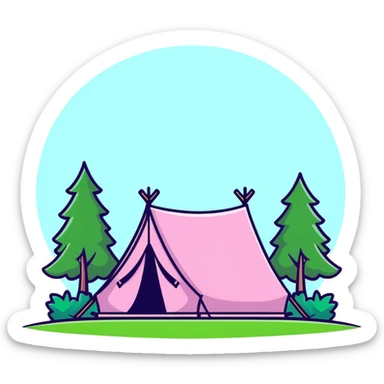cute pink tent set up in a grassy meadow with trees sticker