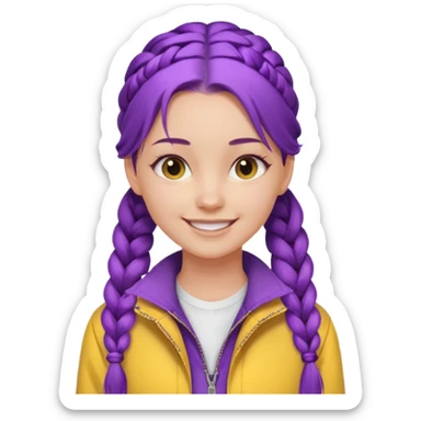 a beautiful girl face, long purple high pony single braided hair from the forehead, wearing a white shirt and a yellow jacket sticker