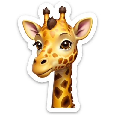 Cinematic Cute Giraffe Portrait Emoji, Head tilted playfully and inquisitively, featuring a glossy, patterned Fur of warm yellows and browns with delicate white spots, round, sparkling eyes filled with curious wonder, Simplified yet irresistibly adorable features, highly detailed, glowing with a warm, friendly glow, high shine, affectionate and gentle, stylized with a touch of savannah whimsy, bright and endearing, soft glowing outline, capturing the essence of a mischievous yet loving giraffe, so playful it feels like it could gallop out of the screen and into your arms! sticker