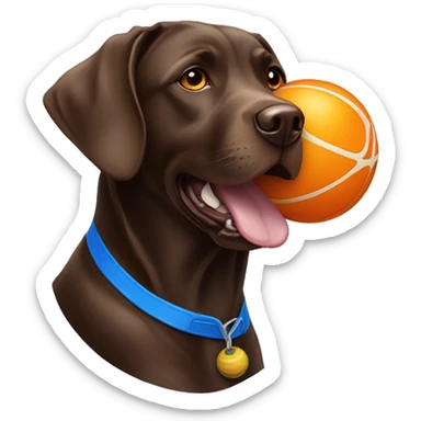 Chocolate lab with orange and blue chuck it ball in her mouth sticker
