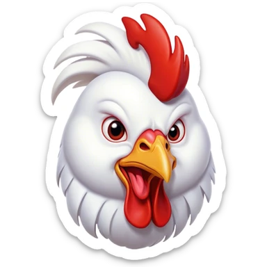 Cinematic Comical White Rooster Portrait Emoji, Head tilted dramatically with an exaggeratedly shocked or amused expression, featuring a striking pure white plumage with a bold red comb, wide, expressive eyes filled with playful disbelief, Simplified yet hilariously expressive features, highly detailed, glowing with a slightly sassy glow, high shine, dramatic yet playful, stylized with an air of cheeky mischief, bright and endearing, soft glowing outline, capturing the essence of a spirited and over-the-top rooster, so meme-worthy it feels like it could crow its way into internet fame instantly! sticker