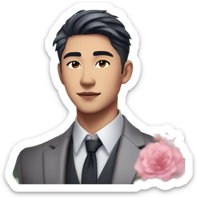Gorgeous romantic anime style Asian formal modern gentlemanly guy with flowers and blushing face aesthetic trending style outside with colorful gradient colors sticker
