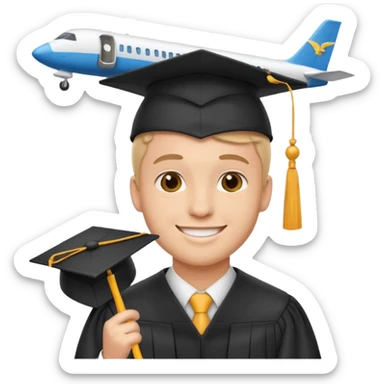 emoji man student at university with graduation cap and airplane, happy, white background sticker