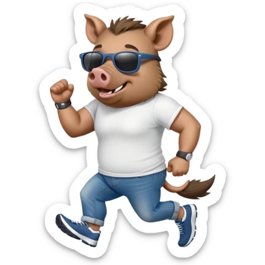 friendly anthropomorphised boar in jeans and a t-shirt, wearing dark sunglasses, jogging upright, standard pose sticker