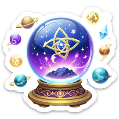 A mystical, glowing crystal ball with swirling sparkles and lightning bolts inside, surrounded by zodiac signs and planets floating in space, with tarot cards spread out on the table around the ball. Use bright purples, blues, and golds to create a magical, mysterious vibe. transparent background.  sticker
