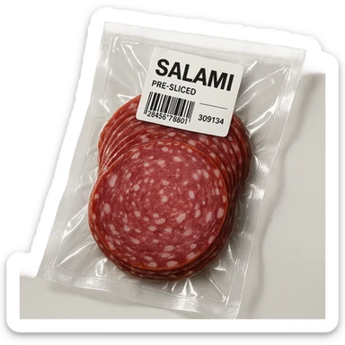 pre-sliced salami in clear vacuum-sealed plastic packaging with visible label, angled view, clean background sticker