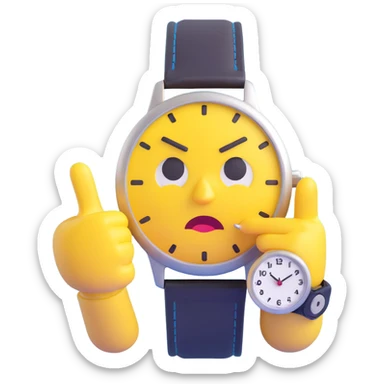 A yellow emoji face with a worried expression, looking at a wristwatch with raised eyebrows, showing urgency and stress sticker
