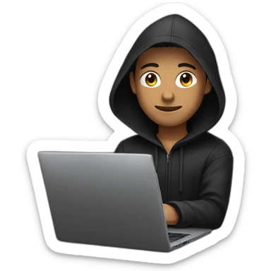 Young man with a black hood behind his laptop sticker