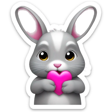 a gray rabbit holding a bright pink heart in his hands sticker