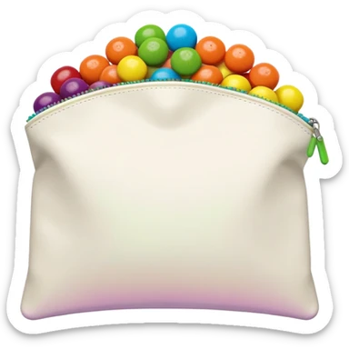 Flat design minimalist Skittles pouch with simple rainbow gradient and a small handful of green candies arranged in a neat pattern. sticker