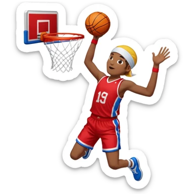 Yellow guy in red jersey and blue shorts and white headband jumping with basketball in hand trying to dunk sticker