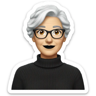 Attractive Caucasian grey-haired woman with wire frame glasses and black lipstick wearing a black sweater sticker