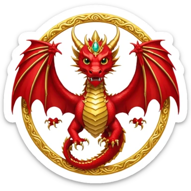 Golden Dragon with wings crest/brosch in a circle with red gems sticker