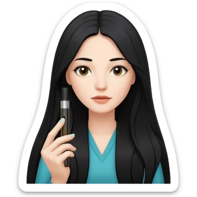 Woman with long black hair holding a juul￼ sticker