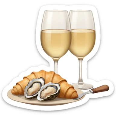 French cuisine humanless avatar in clean emoji-style illustration. 1 Croissant, oysters and wine glass, soft beige tones, simple shapes, flat design, refined and cozy. sticker