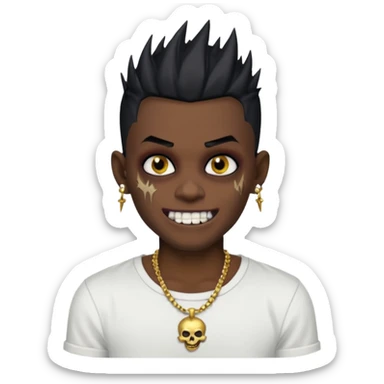 zombie boy with spiky emo black hair and white shirt , tattos, a risk on the eyebrow, earings,  a necklace emoji, with gold grills in his mouth and he’s smiling, change skin color to darkskin sticker