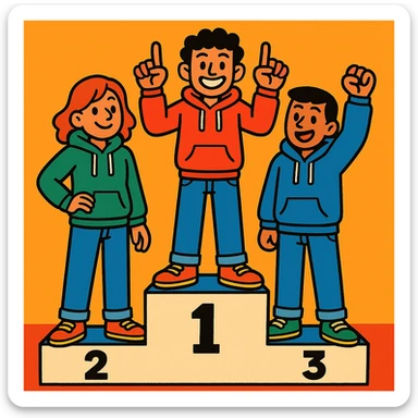 Three people in jeans and hoodies on a winners’ podium (2, 1, 3 left to right). Center person on 1 step holds up one finger on each hand. Bright, cheerful, expressive illustration. sticker