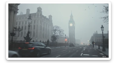 Cinematic shot of a london street, cloudy foggy day, soft light, leading lines to big ben in distance, multi composition, in foreground blurred car, on second street around UK bulding, od another plan in distance big ben, birds flying, artistic look, captured on arri alexa 35 sticker